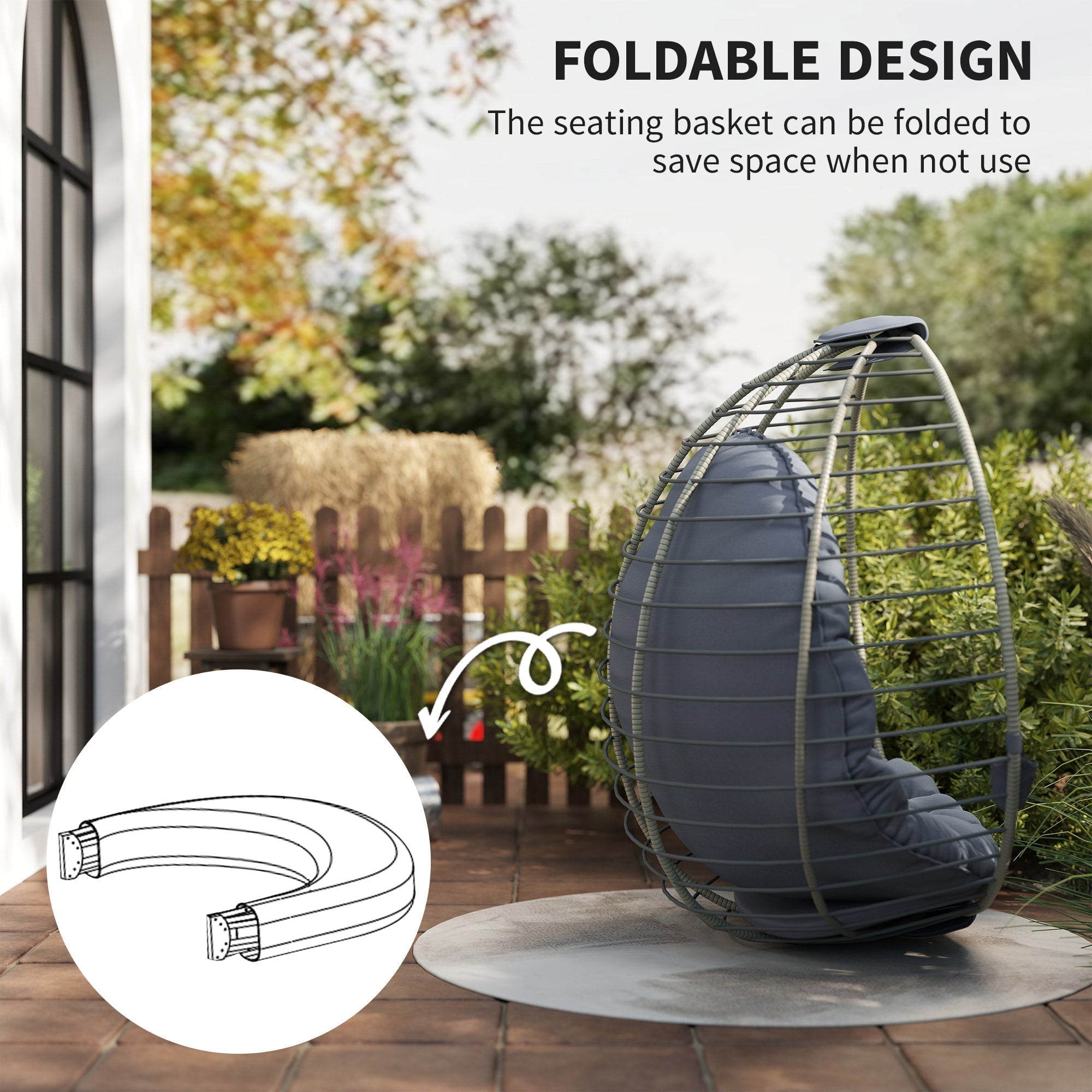 Outsunny PE Rattan Swing Chair, Outdoor Hanging Chair with Metal Stand, Thick Padded Cushion, Foldable Basket and Cup Holder, for Indoor and Outdoor, Grey