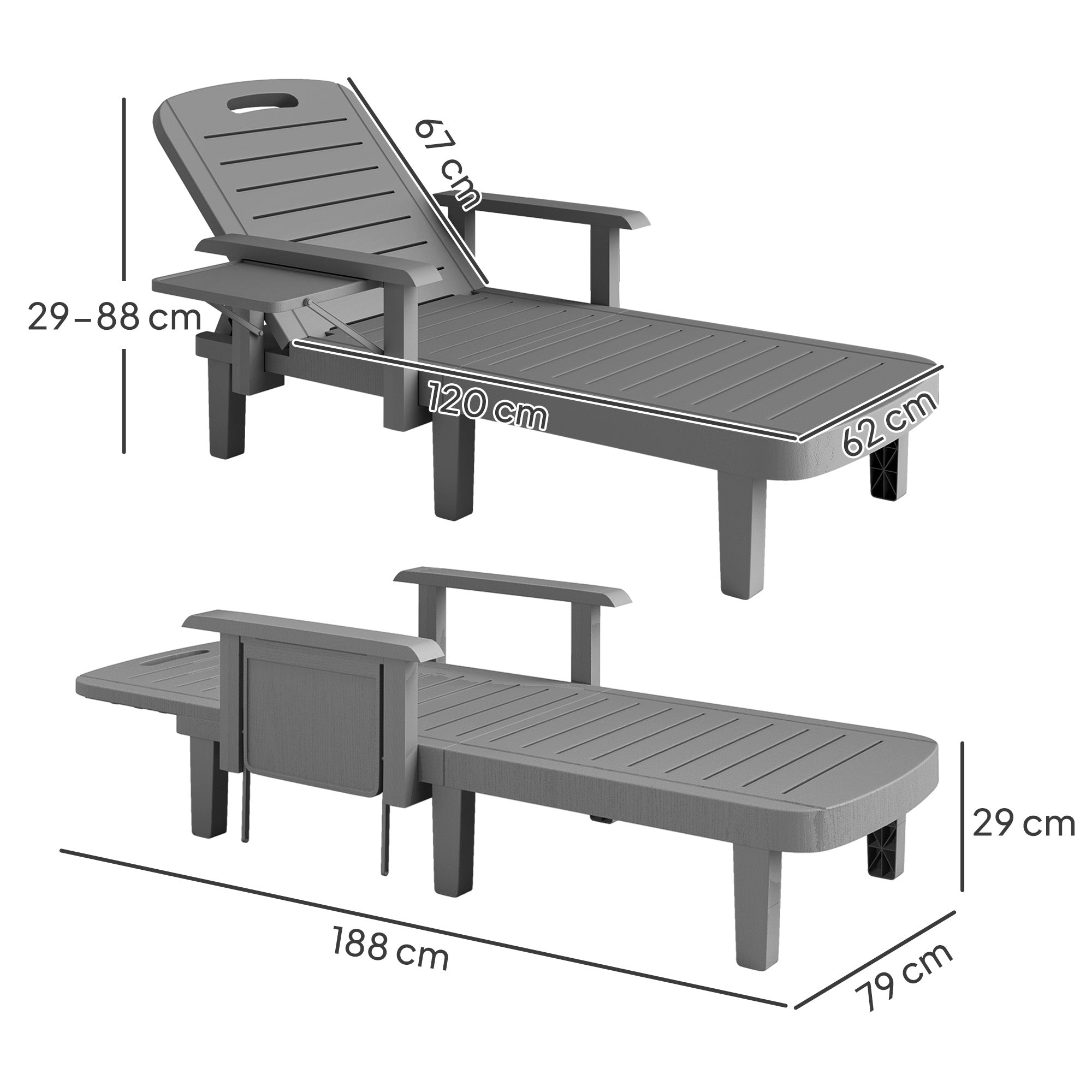 Outsunny Set of 2 Resin Reclining Sun Loungers for Garden, 5 Positions Adjustable Outdoor Chaise Lounge Chairs with Wood Texture Surface, Armrests, Foldable Side Table for Garden, Beach, Dark Grey