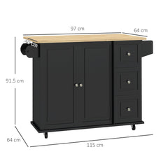 HOMCOM Kitchen Island with Drop Leaf, Rolling Kitchen Storage Trolley on Wheels with 3 Drawers, Black
