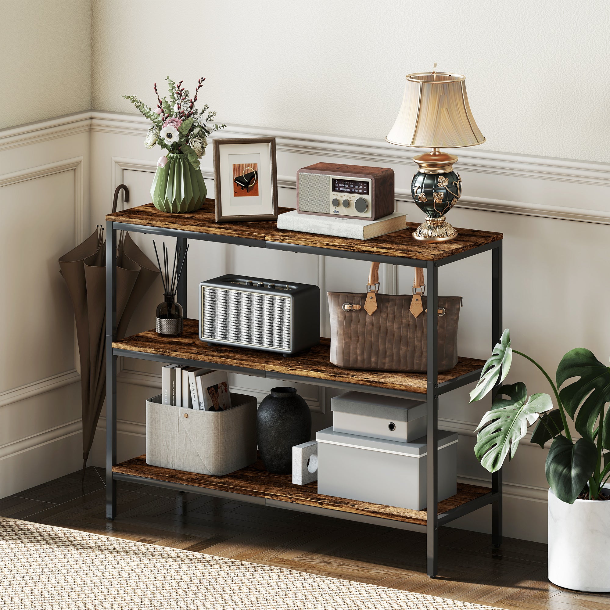 HOMCOM 3-Tier Console Table with Storage Shelves - Rustic Brown
