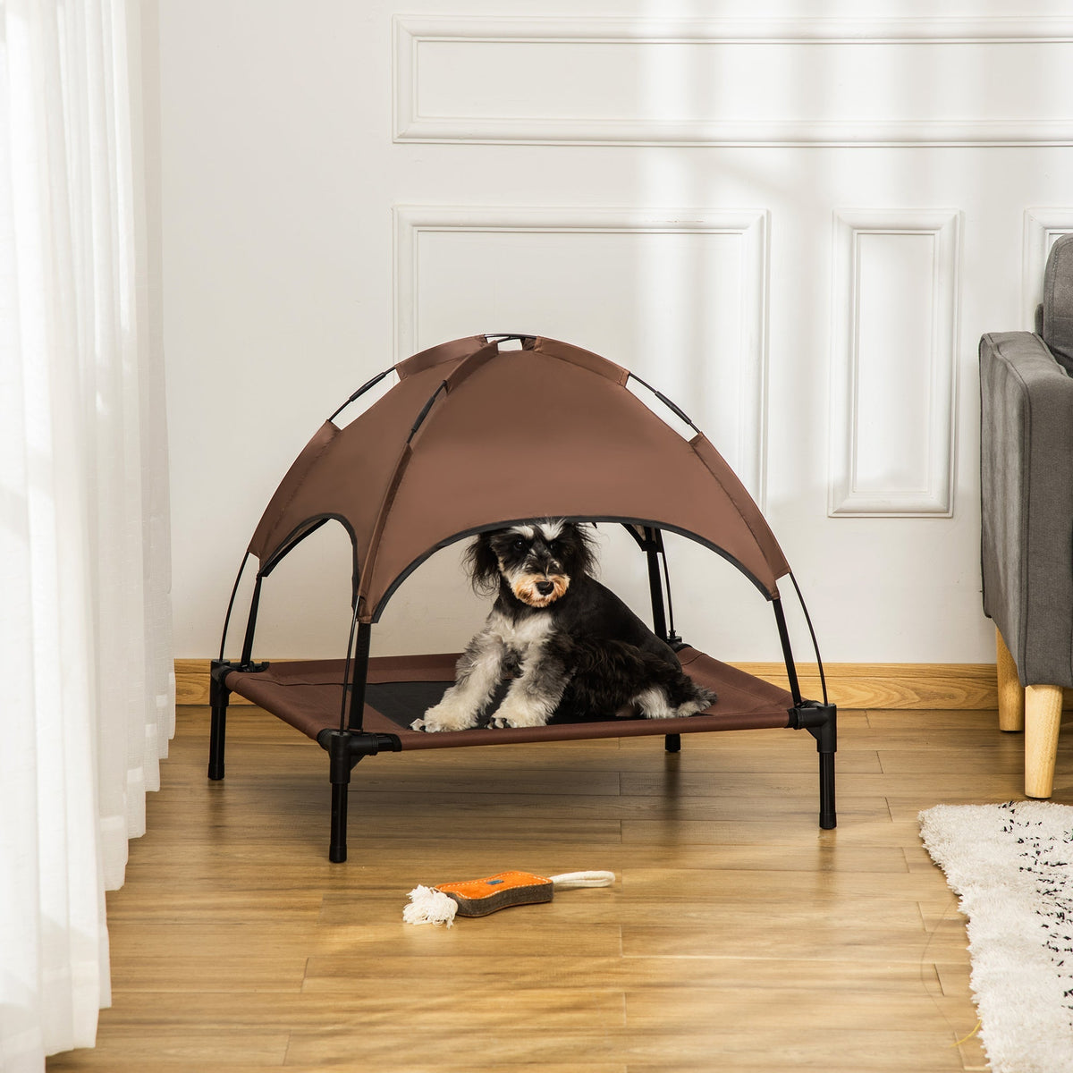 PawHut Raised Dog Bed Waterproof Elevated Pet Cot with Breathable Mesh UV Protection Canopy Brown, for Medium Dogs, 76 x 61 x 73cm