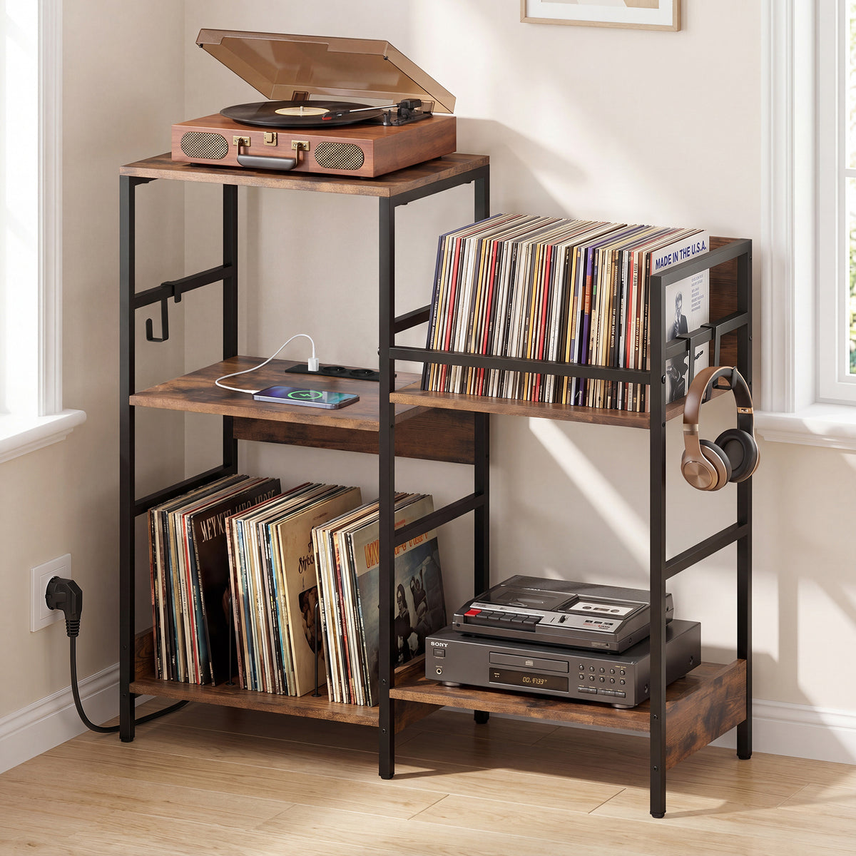 Turntable Stand with Record Rack Hanging Hooks and Compartments for Bedroom-Brown