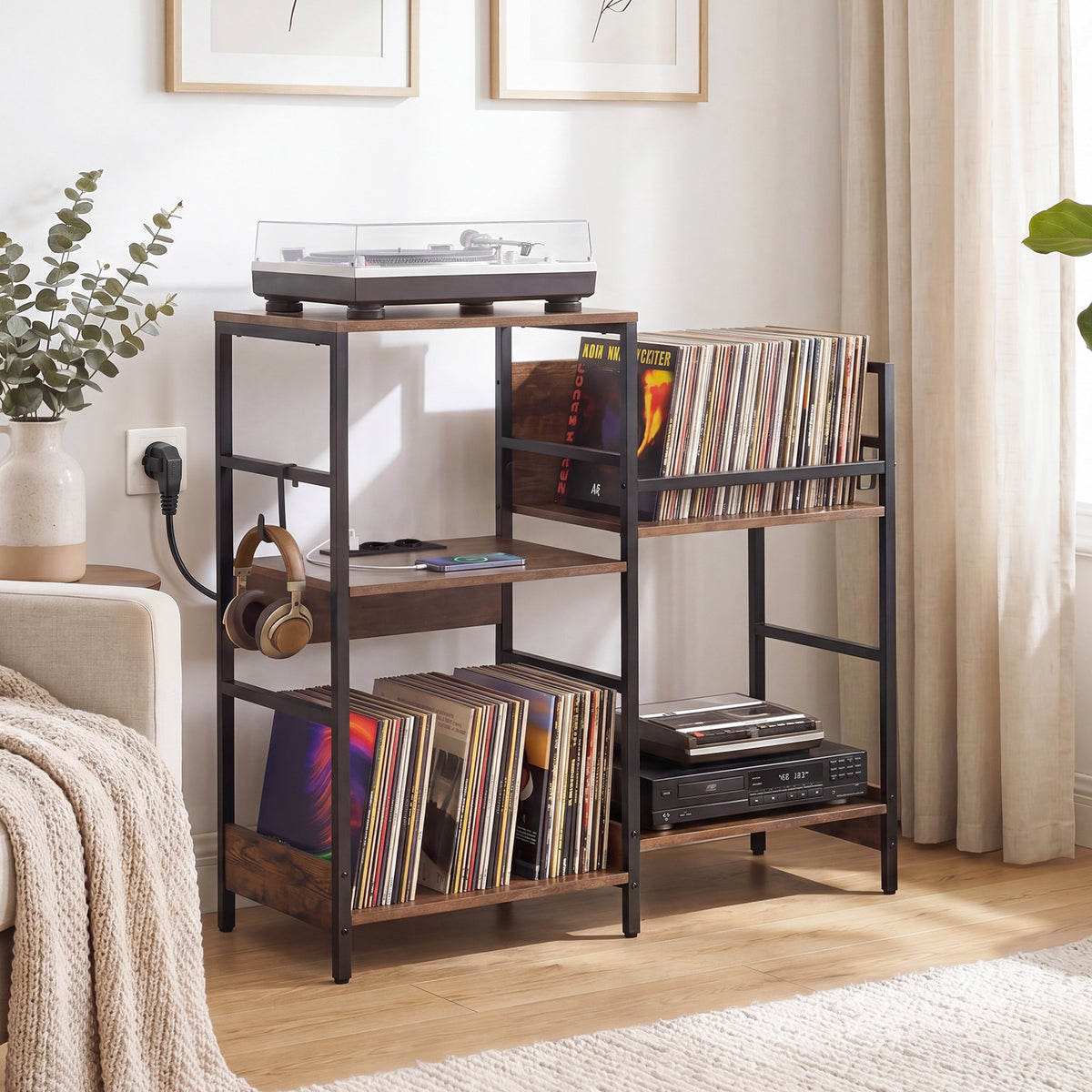 Turntable Stand with Record Rack Hanging Hooks and Compartments for Bedroom-Brown