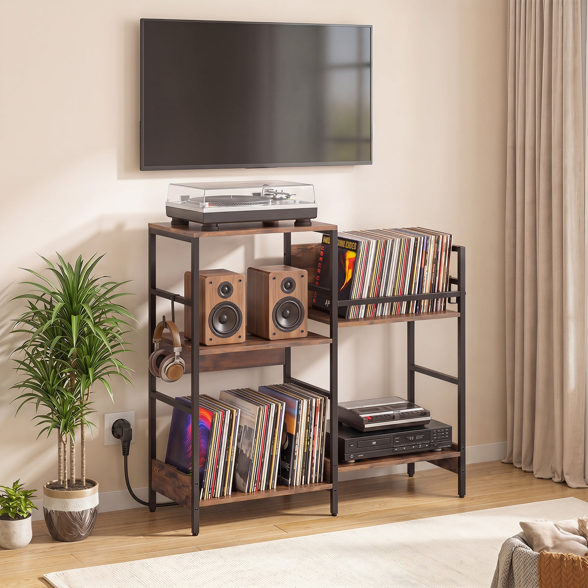 Turntable Stand with Record Rack Hanging Hooks and Compartments for Bedroom-Brown