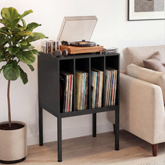 Turntable Stand with Vinyl Storage Shelves and Raised Metal Legs-Black