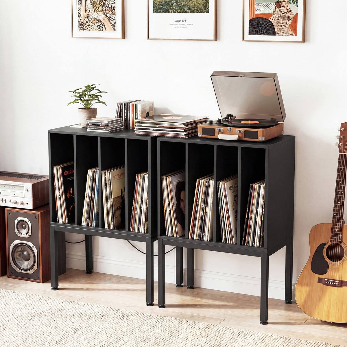 Turntable Stand with Vinyl Storage Shelves and Raised Metal Legs-Black