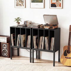 Turntable Stand with Vinyl Storage Shelves and Raised Metal Legs-Black