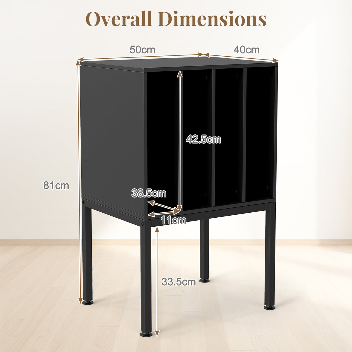 Turntable Stand with Vinyl Storage Shelves and Raised Metal Legs-Black