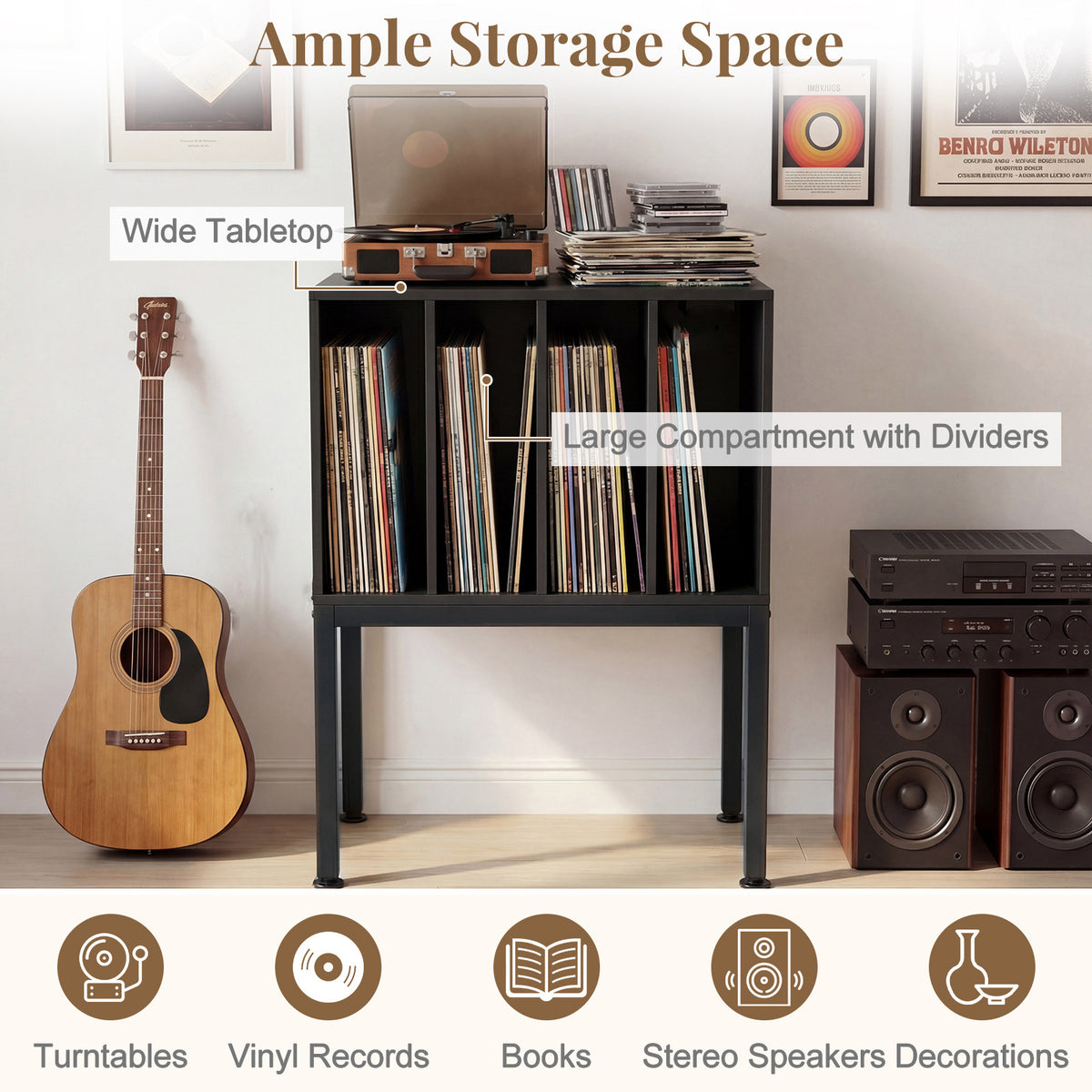 Turntable Stand with Vinyl Storage Shelves and Raised Metal Legs-Black