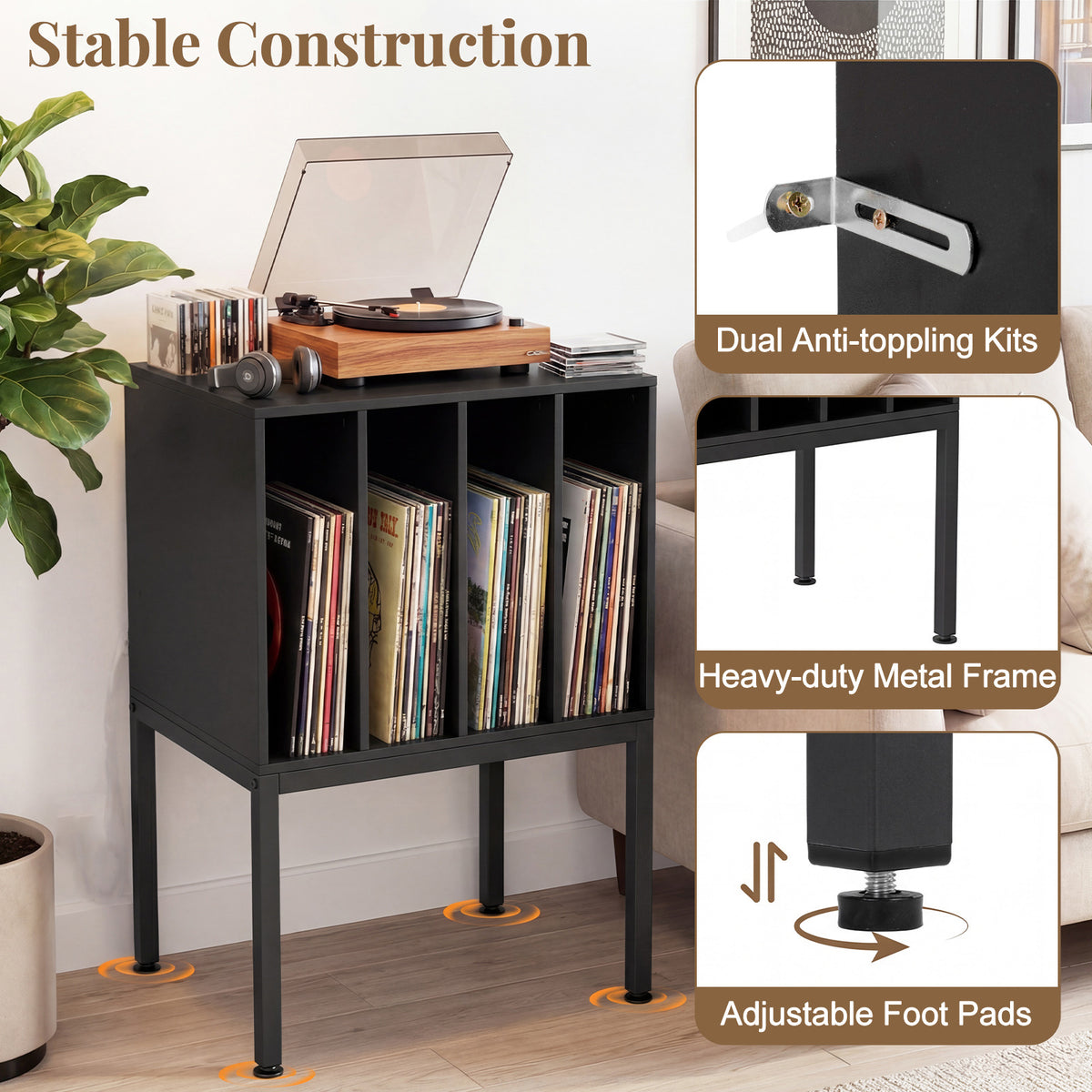 Turntable Stand with Vinyl Storage Shelves and Raised Metal Legs-Black