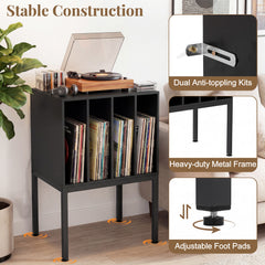 Turntable Stand with Vinyl Storage Shelves and Raised Metal Legs-Black
