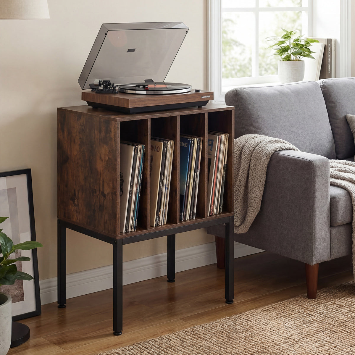 Turntable Stand with Vinyl Storage Shelves and Raised Metal Legs-Rustic Brown
