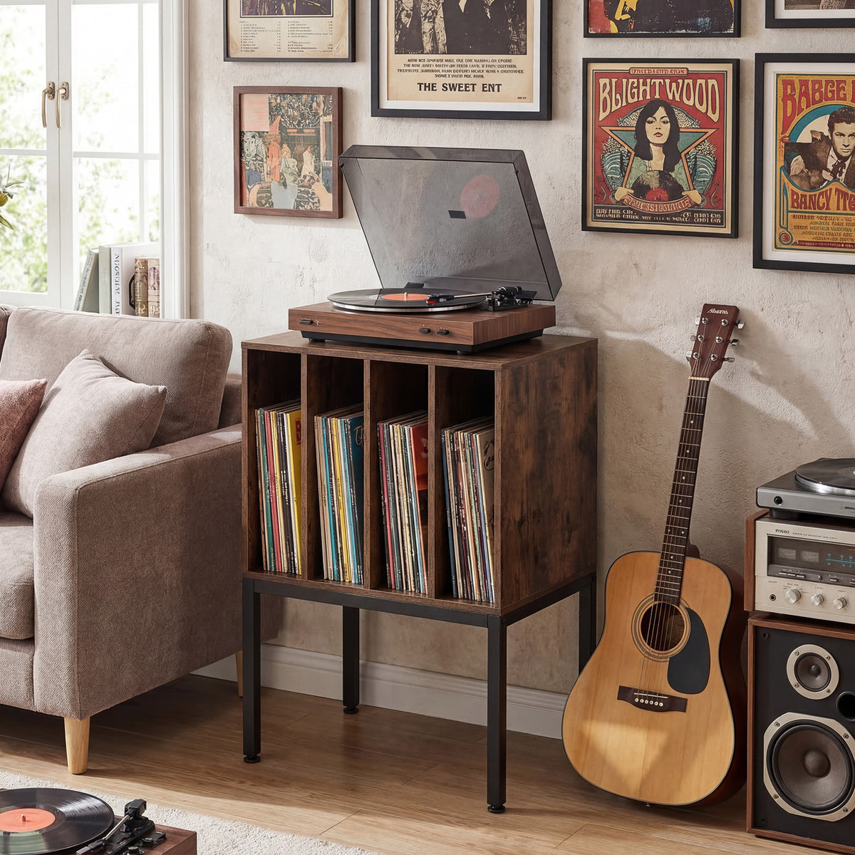Turntable Stand with Vinyl Storage Shelves and Raised Metal Legs-Rustic Brown