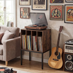 Turntable Stand with Vinyl Storage Shelves and Raised Metal Legs-Rustic Brown