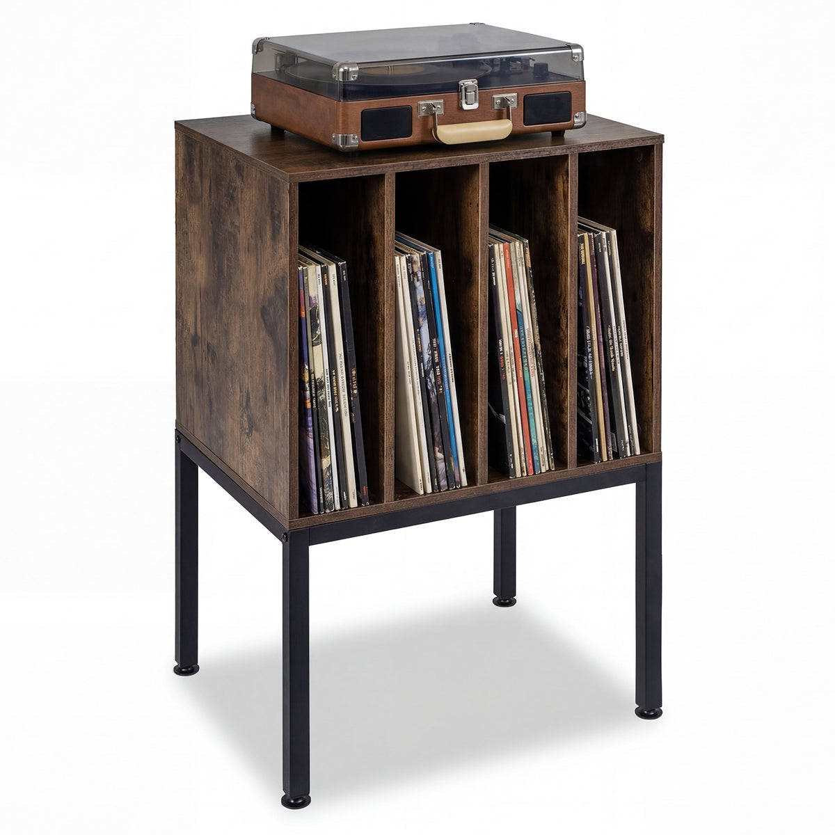 Turntable Stand with Vinyl Storage Shelves and Raised Metal Legs-Rustic Brown