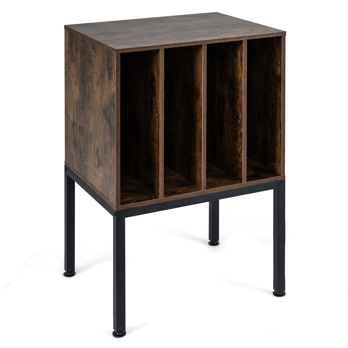 Turntable Stand with Vinyl Storage Shelves and Raised Metal Legs-Rustic Brown