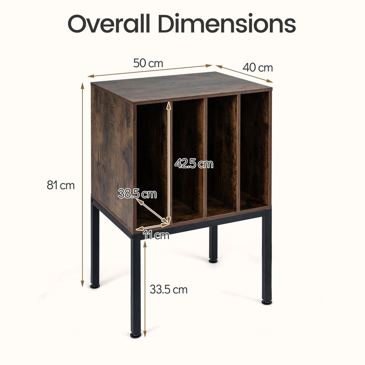 Turntable Stand with Vinyl Storage Shelves and Raised Metal Legs-Rustic Brown
