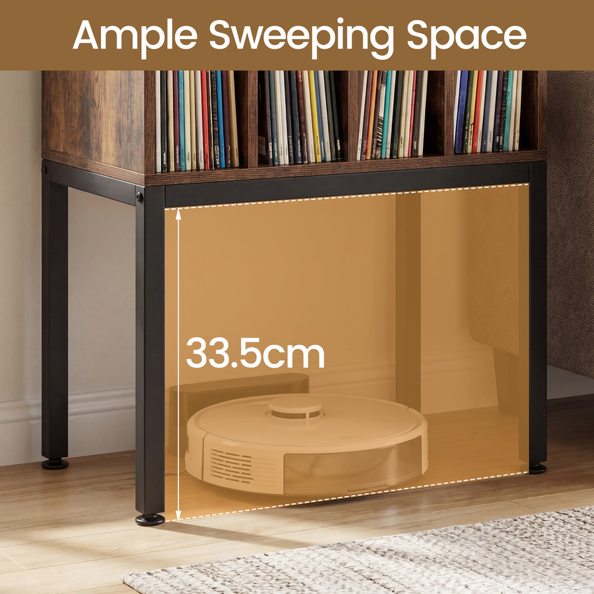 Turntable Stand with Vinyl Storage Shelves and Raised Metal Legs-Rustic Brown