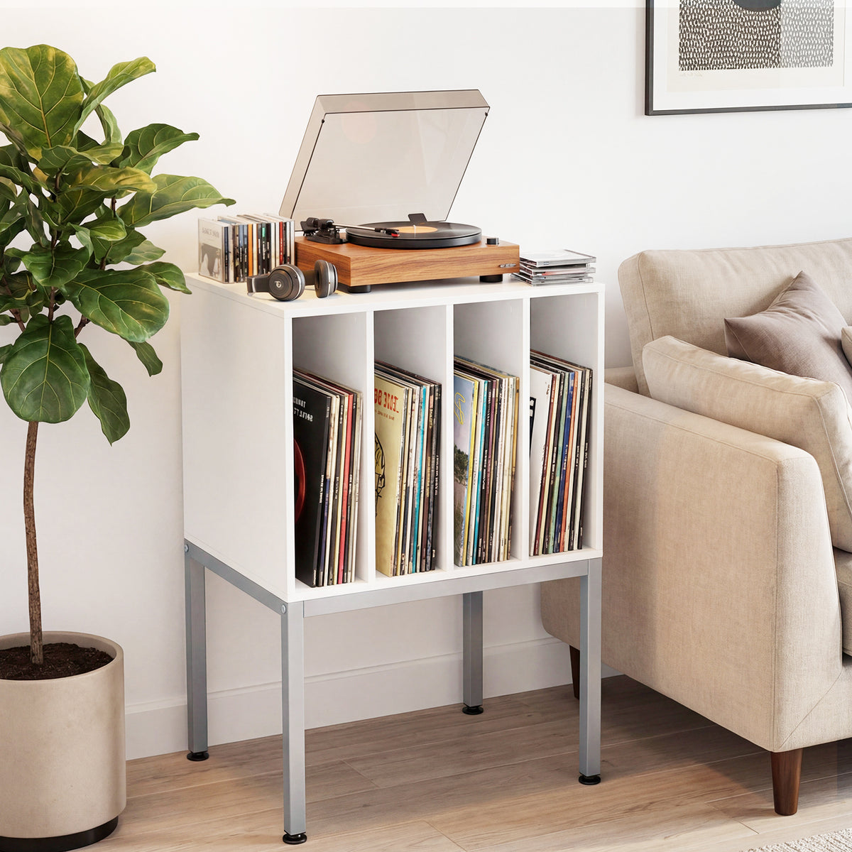 Turntable Stand with Vinyl Storage Shelves and Raised Metal Legs-White