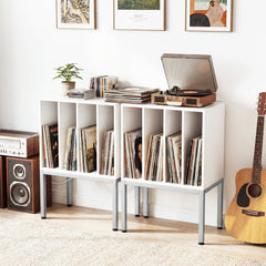 Turntable Stand with Vinyl Storage Shelves and Raised Metal Legs-White