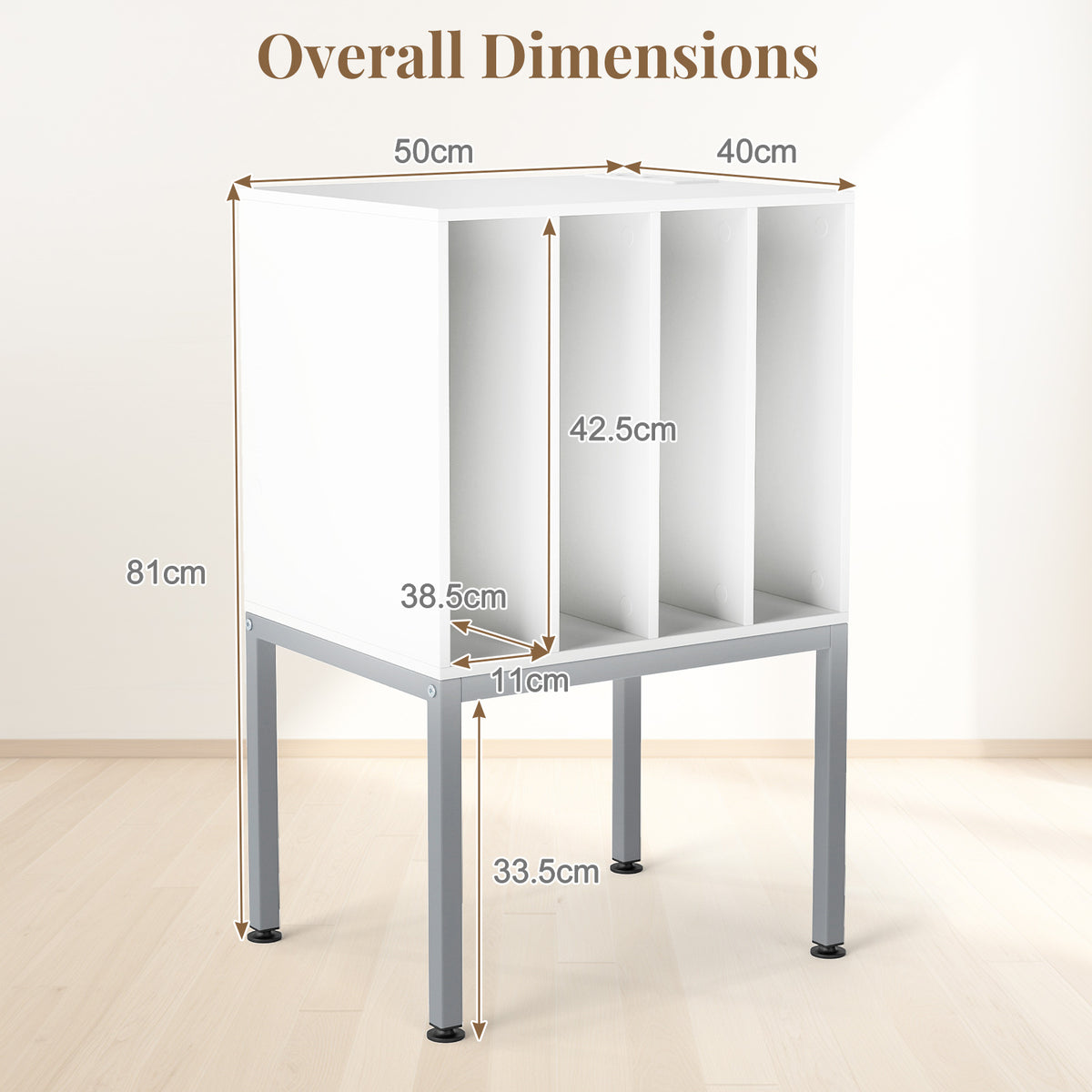 Turntable Stand with Vinyl Storage Shelves and Raised Metal Legs-White