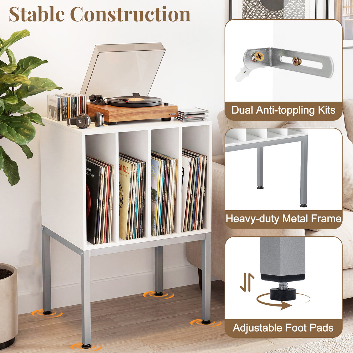 Turntable Stand with Vinyl Storage Shelves and Raised Metal Legs-White