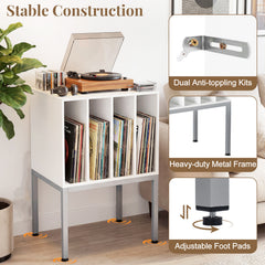 Turntable Stand with Vinyl Storage Shelves and Raised Metal Legs-White