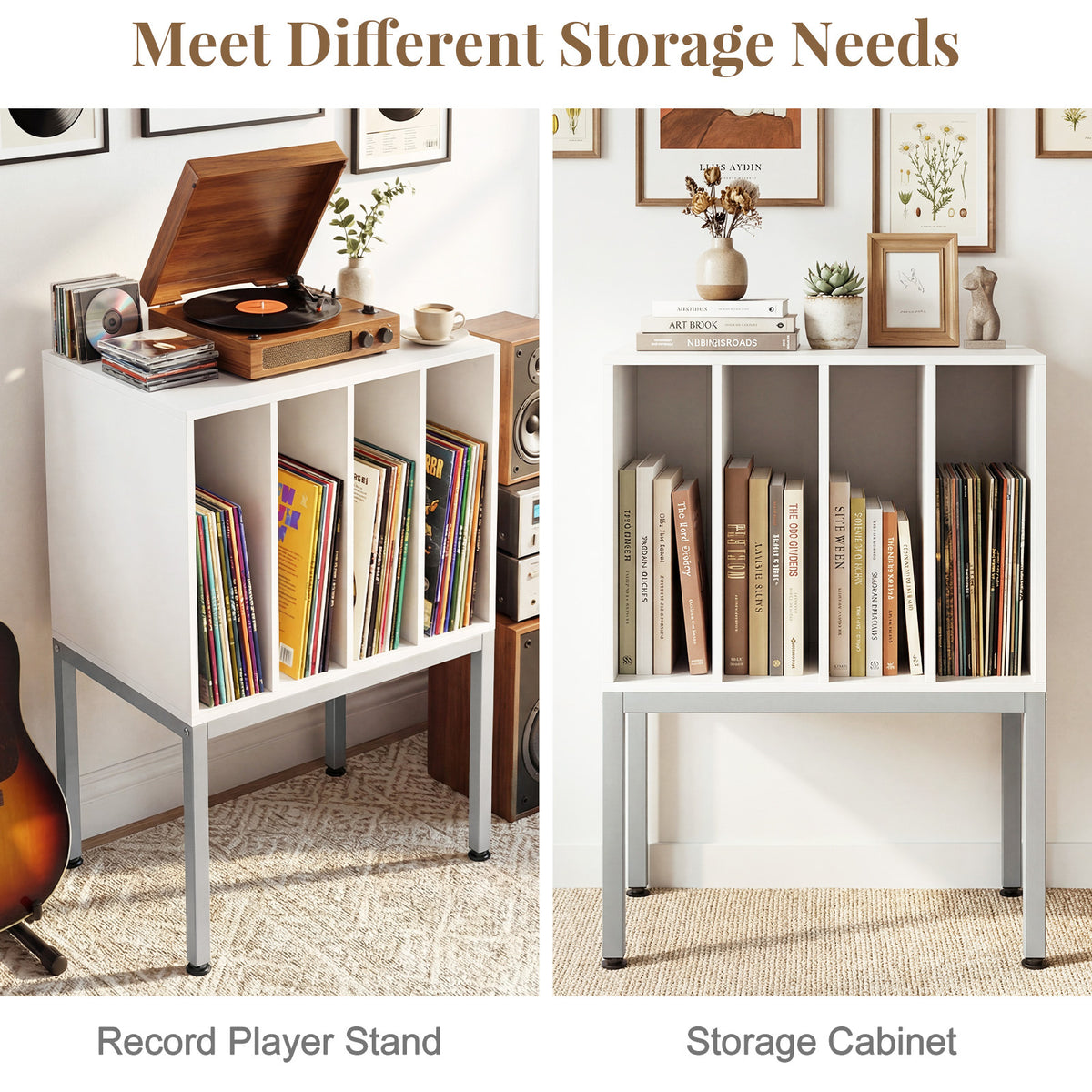 Turntable Stand with Vinyl Storage Shelves and Raised Metal Legs-White