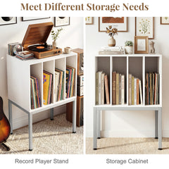 Turntable Stand with Vinyl Storage Shelves and Raised Metal Legs-White
