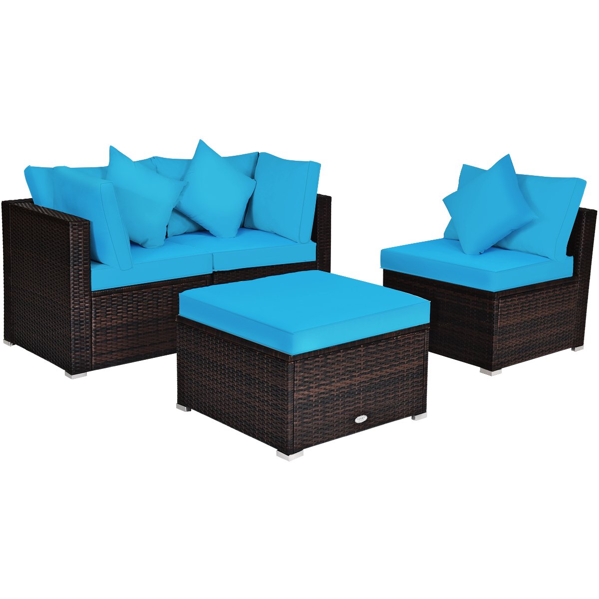 4 Pieces Outdoor Rattan Conversation Set with Removable Cushions and Pillows-Turquoise