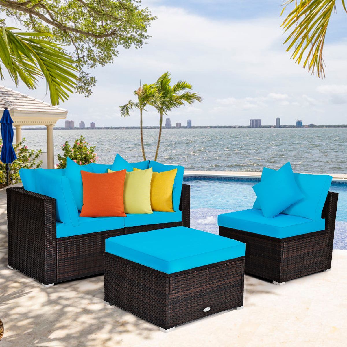 4 Pieces Outdoor Rattan Conversation Set with Removable Cushions and Pillows-Turquoise