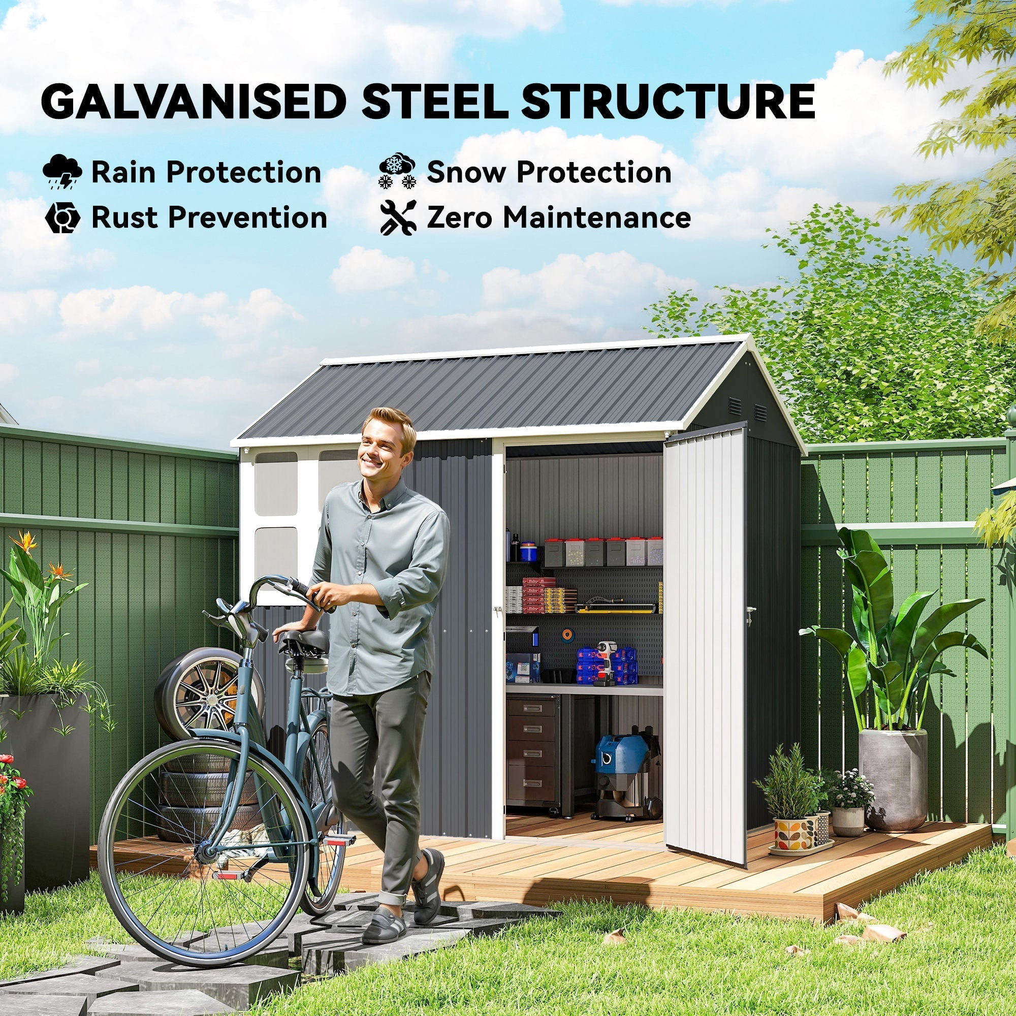 Outsunny 7 x 6ft Galvanised Garden Shed, with Latch - Dark Grey