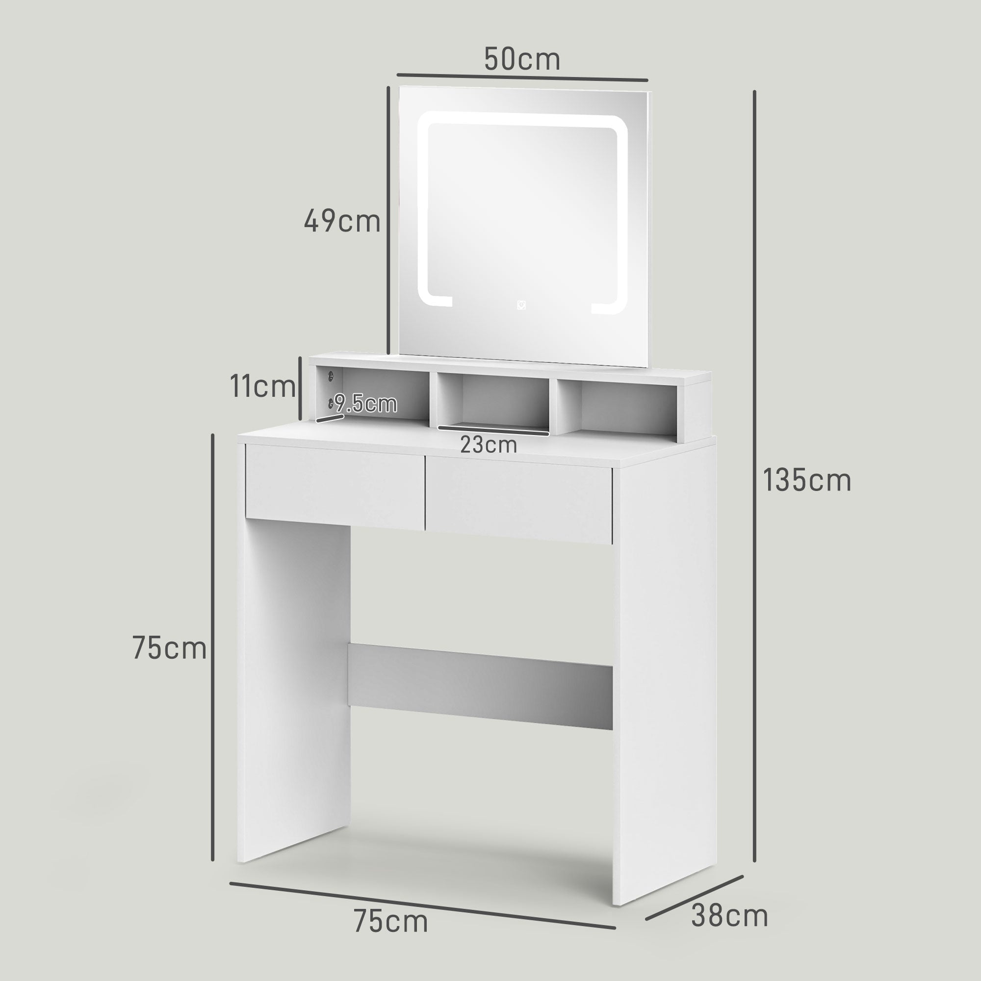 HOMCOM Storage Dressing Table, with LED Light Mirror - White