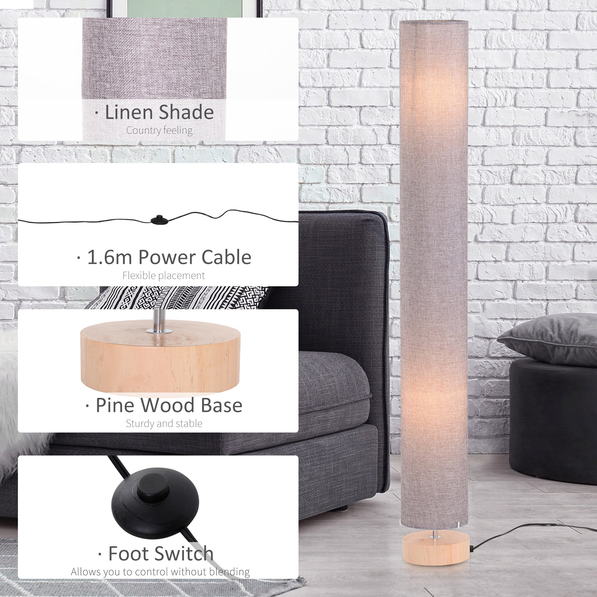 HOMCOM Floor Lamp for Living Room, 47" Modern Standing Lamp with Linen Shade, Wooden Base, Grey