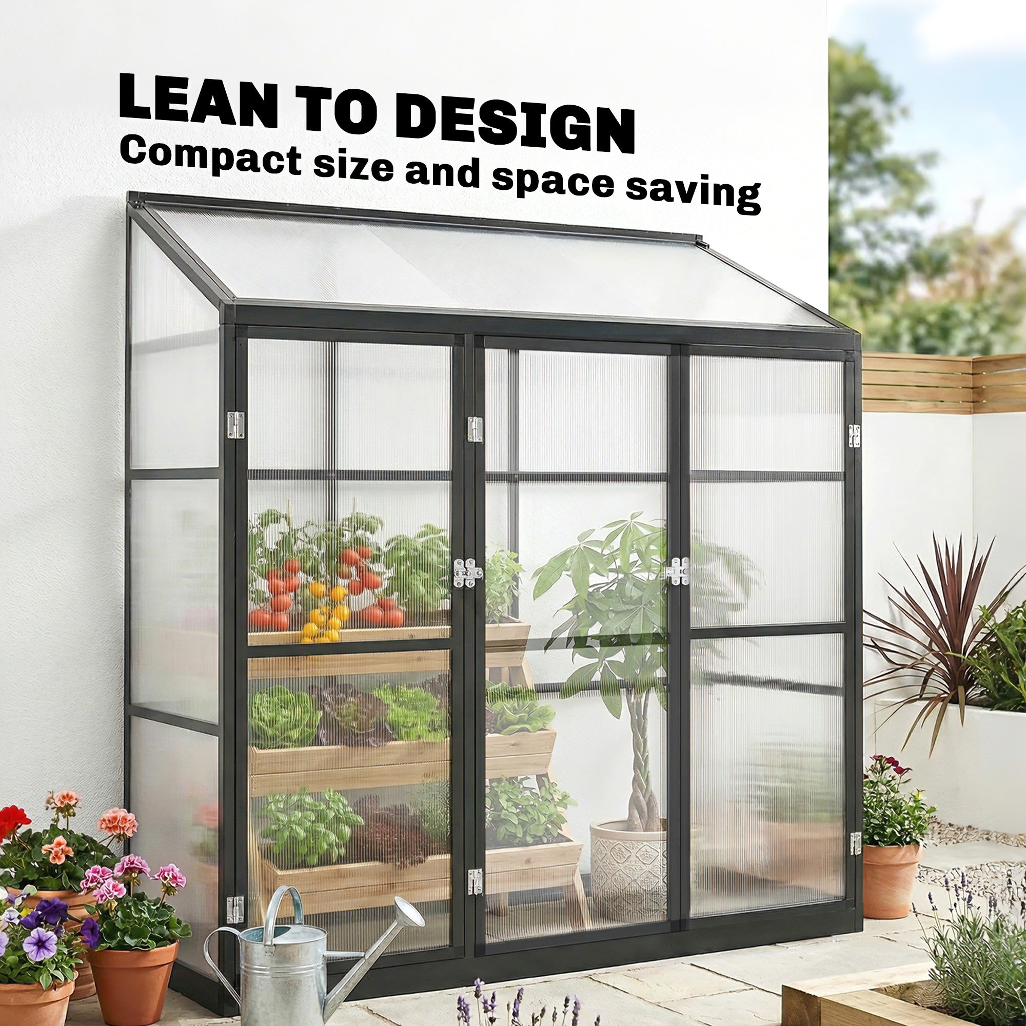 Outsunny Polycarbonate Greenhouse with 3 Hinged Doors, Top Vent, Lean-to Green House, Walk-in Greenhouse, 6 x 1.5ft, Black