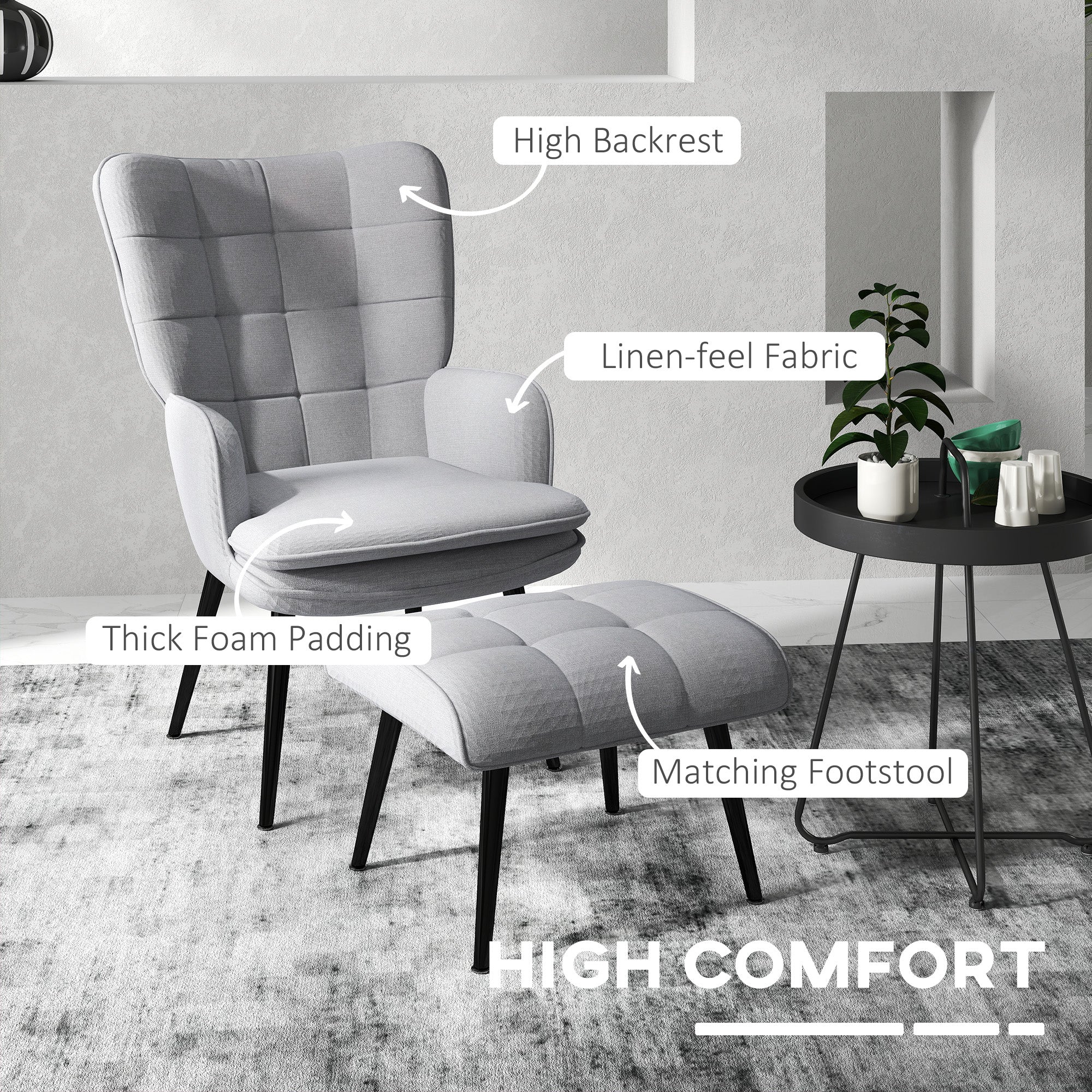 HOMCOM Armchair with Footstool, Living Room Chair, Linen Accent Chair for Bedroom, Home Study, Light Grey