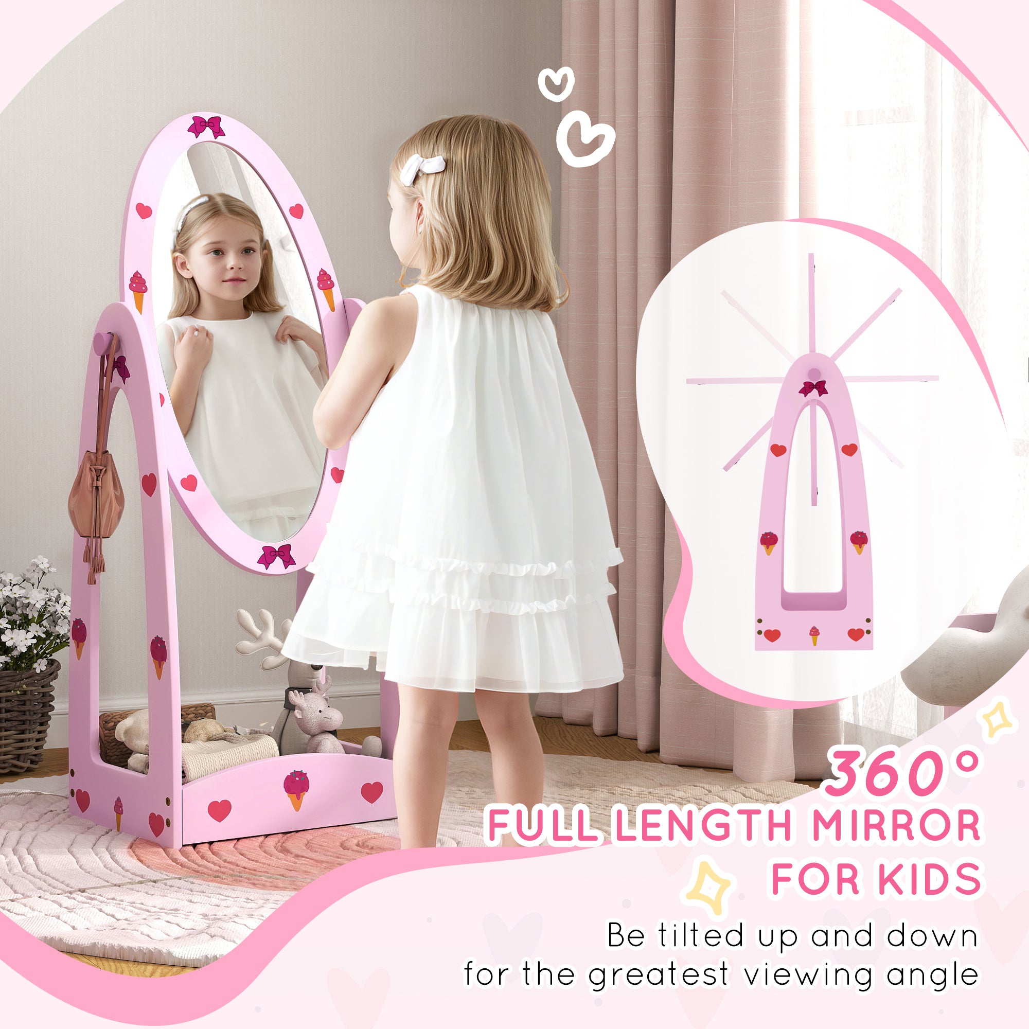 AIYAPLAY Kids Full Length Mirror, 360√Ç¬∞ Rotating Children Standing Mirror with Storage Shelf, Pink