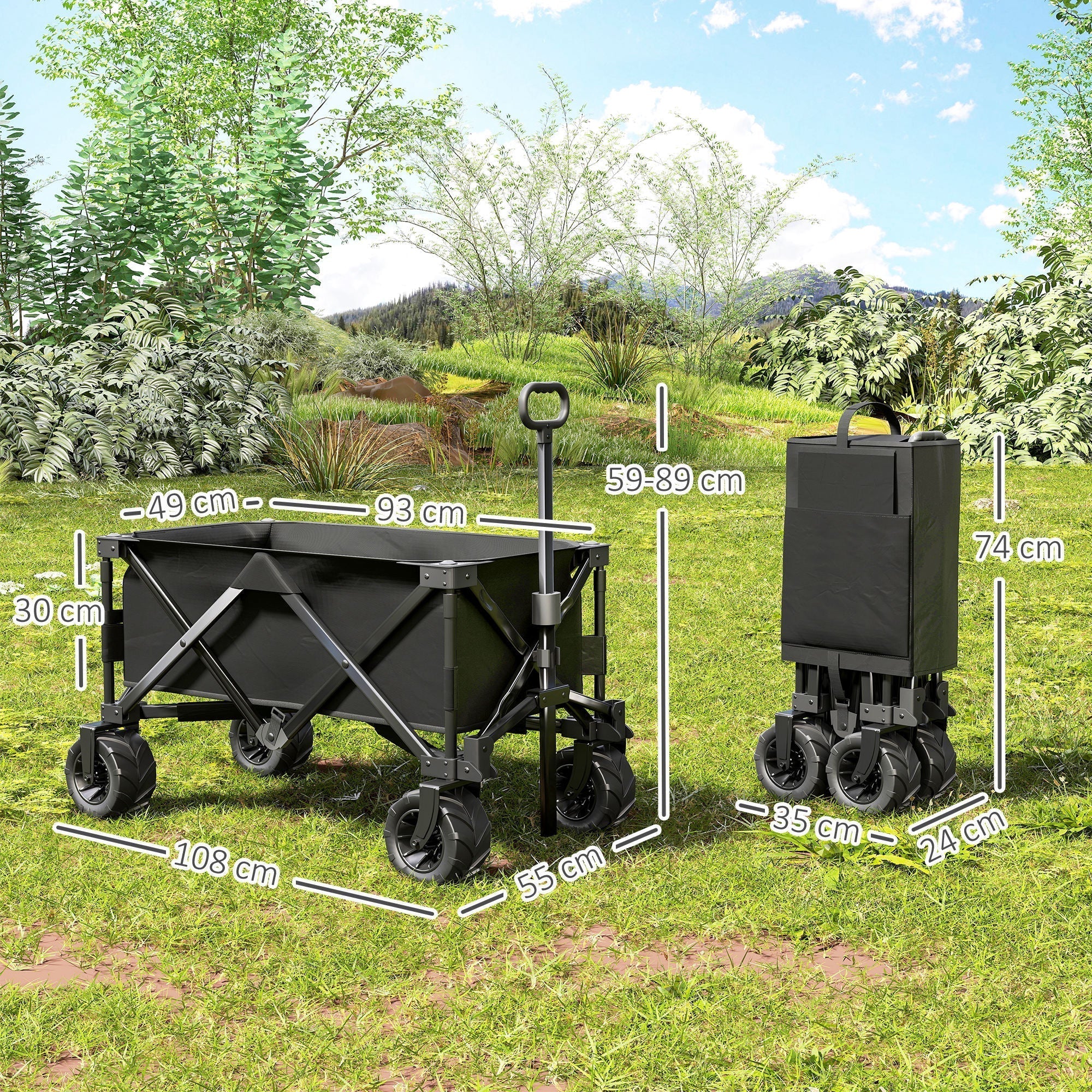 Outsunny Outdoor Folding Garden Trolley on Wheels, Capming Cargo Wagon Cart Trailer w/ Handle, Wheels for Beach Garden, Black