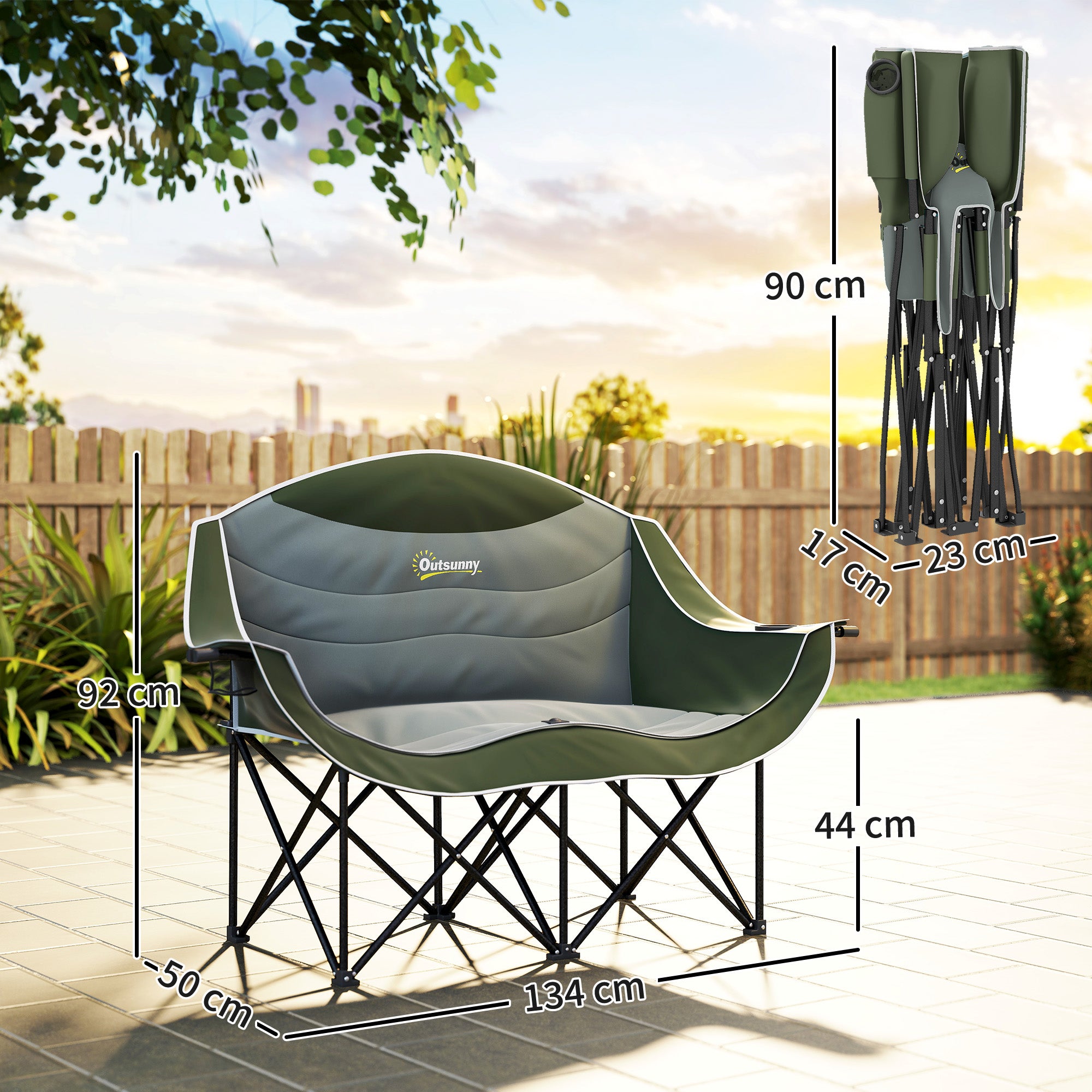 Outsunny Double Camping Chair for Adults with Armrests, Heavy Duty Oversized Padded Folding Chair with Carry Bag, Cup Holders for Outdoor Hiking Picnic Camping Fishing, 250kg Capacity, Green