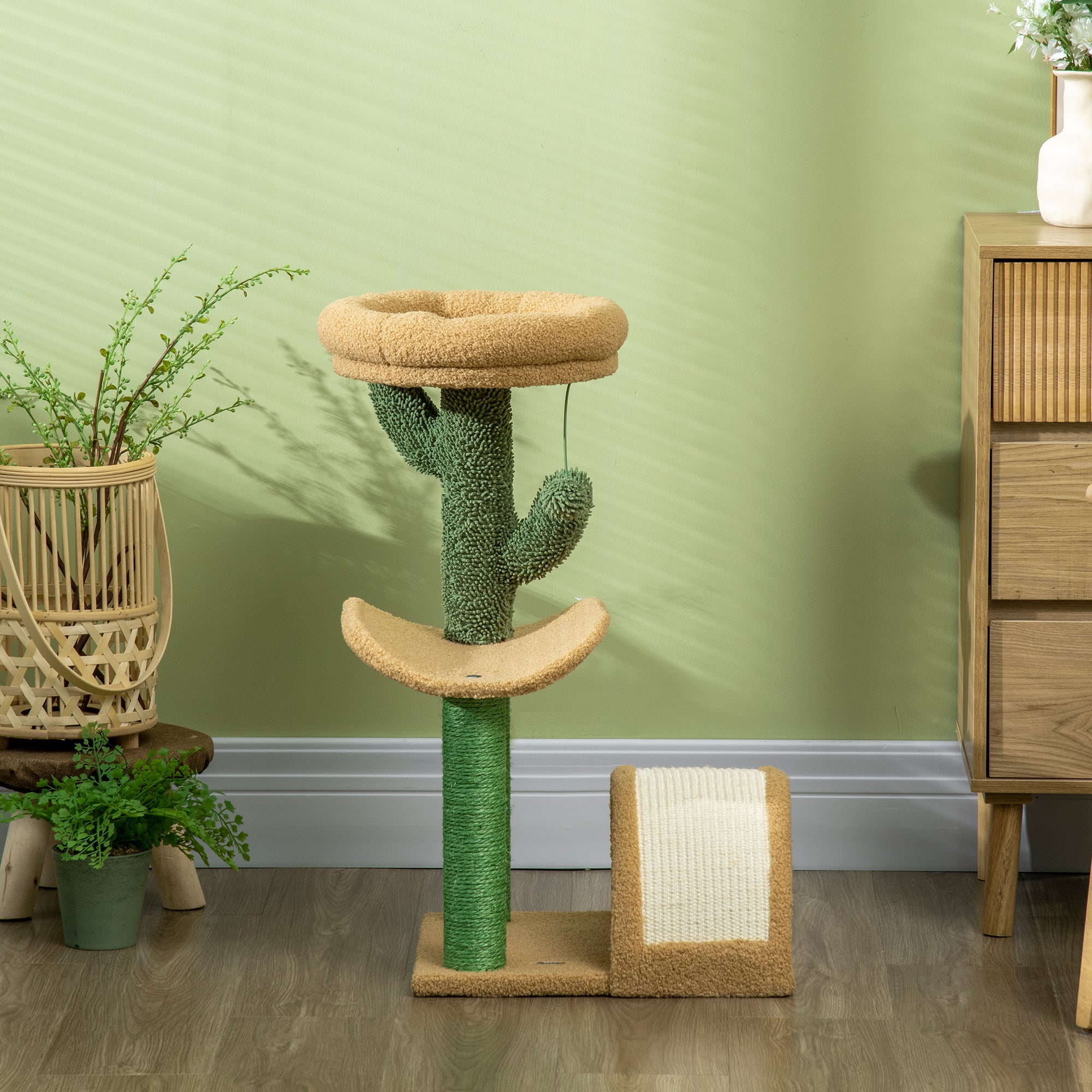 PawHut 72cm Cat Tree, with Top Bed, Curved Pad, Sisal Scratching Post - Beige & Green