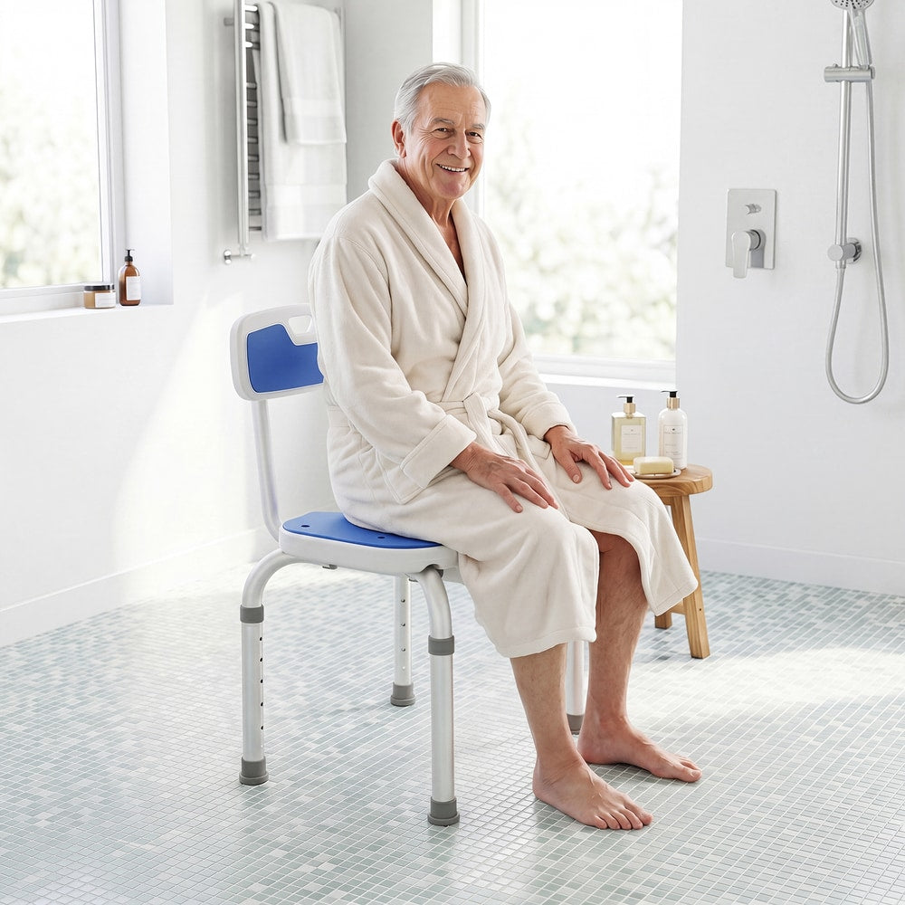 Elderly man sitting on the shower chair in a bathroom