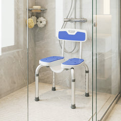 The shower chair positioned inside a glass shower cubicle