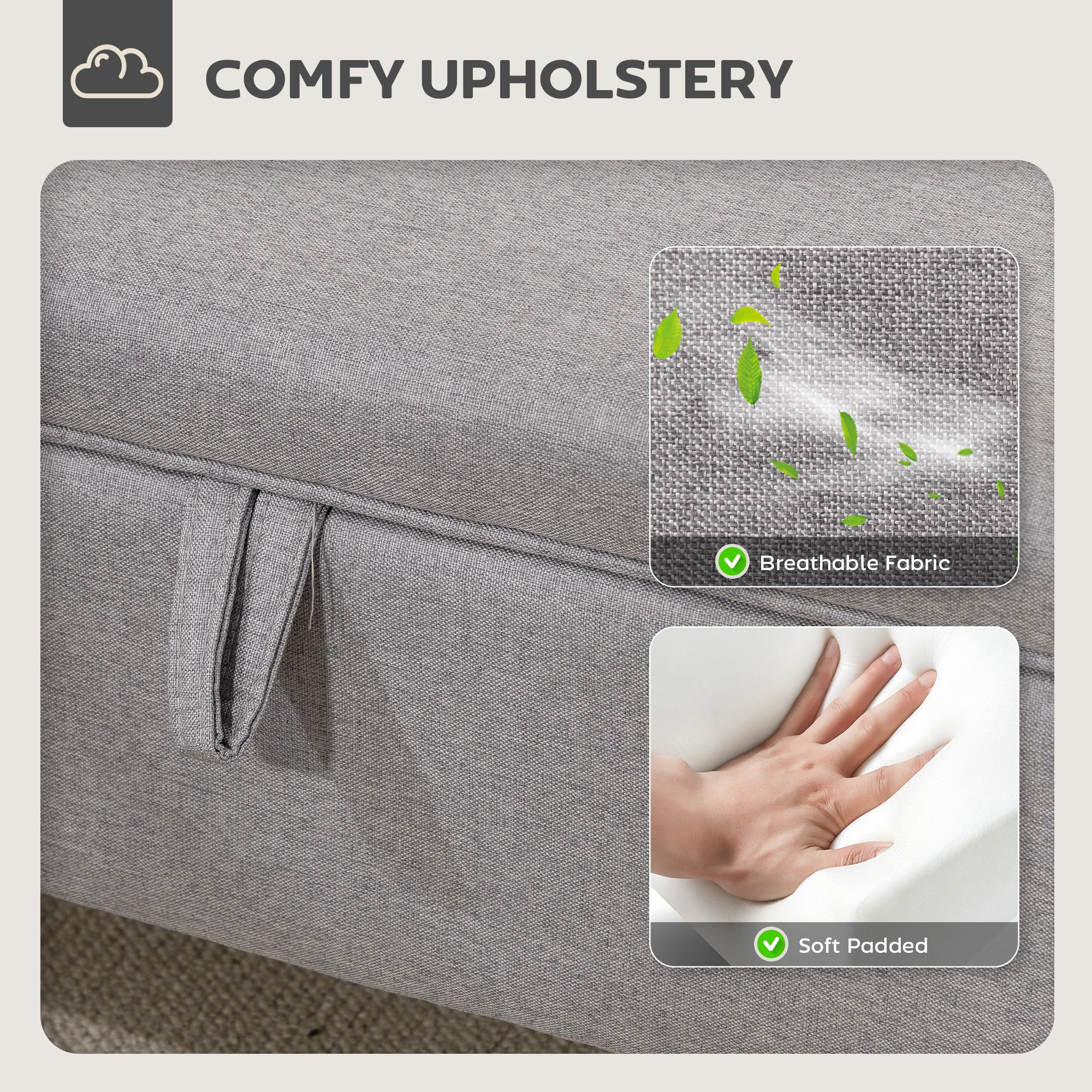 HOMCOM 16L Linen Storage Ottoman Padded Footstool with Rubberwood Legs for Storage Box, Bed End, Shoe Bench, Seating, Light Grey