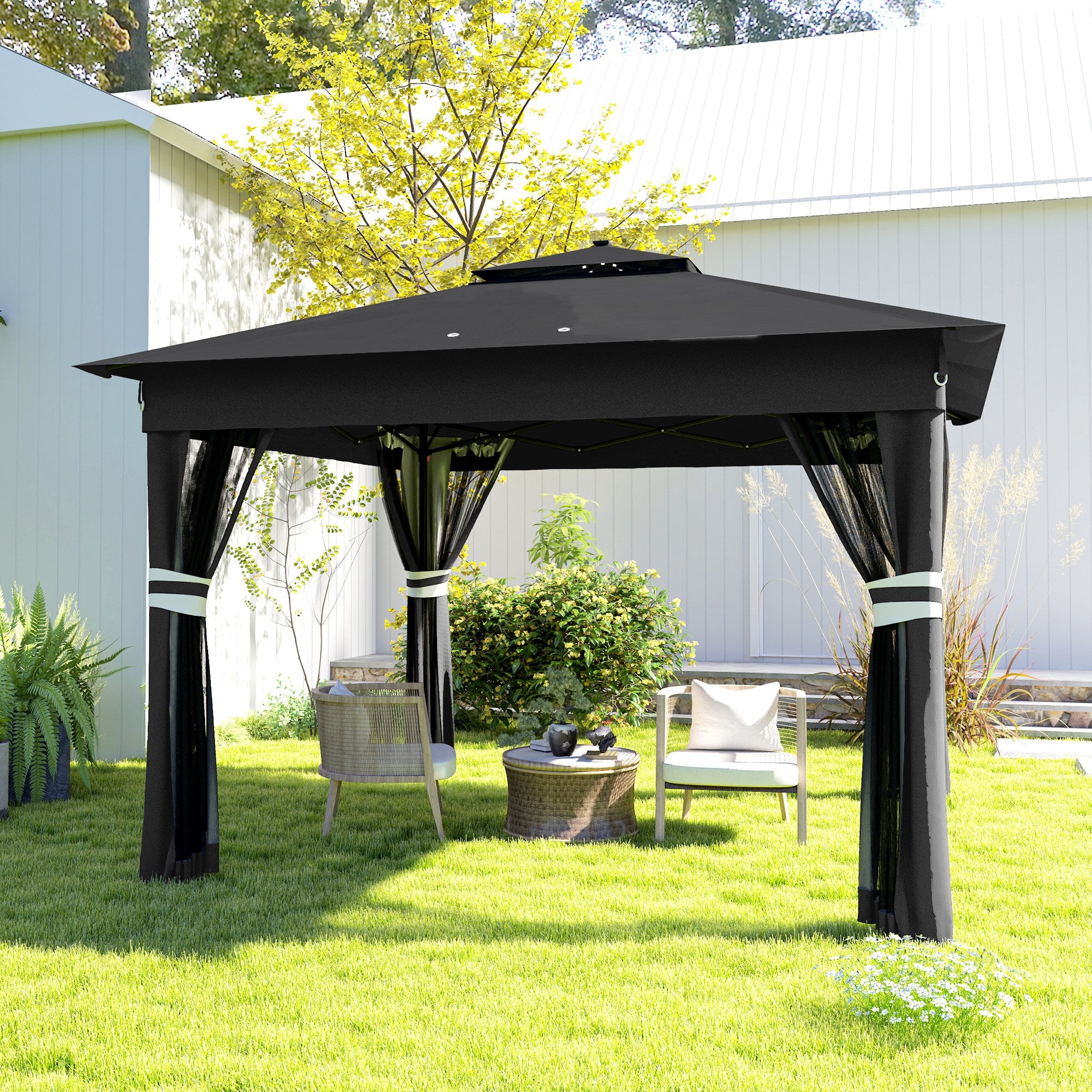 Outsunny 3 x 3(m) Pop Up Gazebo Party Tent with Solar-Powered LED Lights, Adjustable Event Shelter with Netting, Black