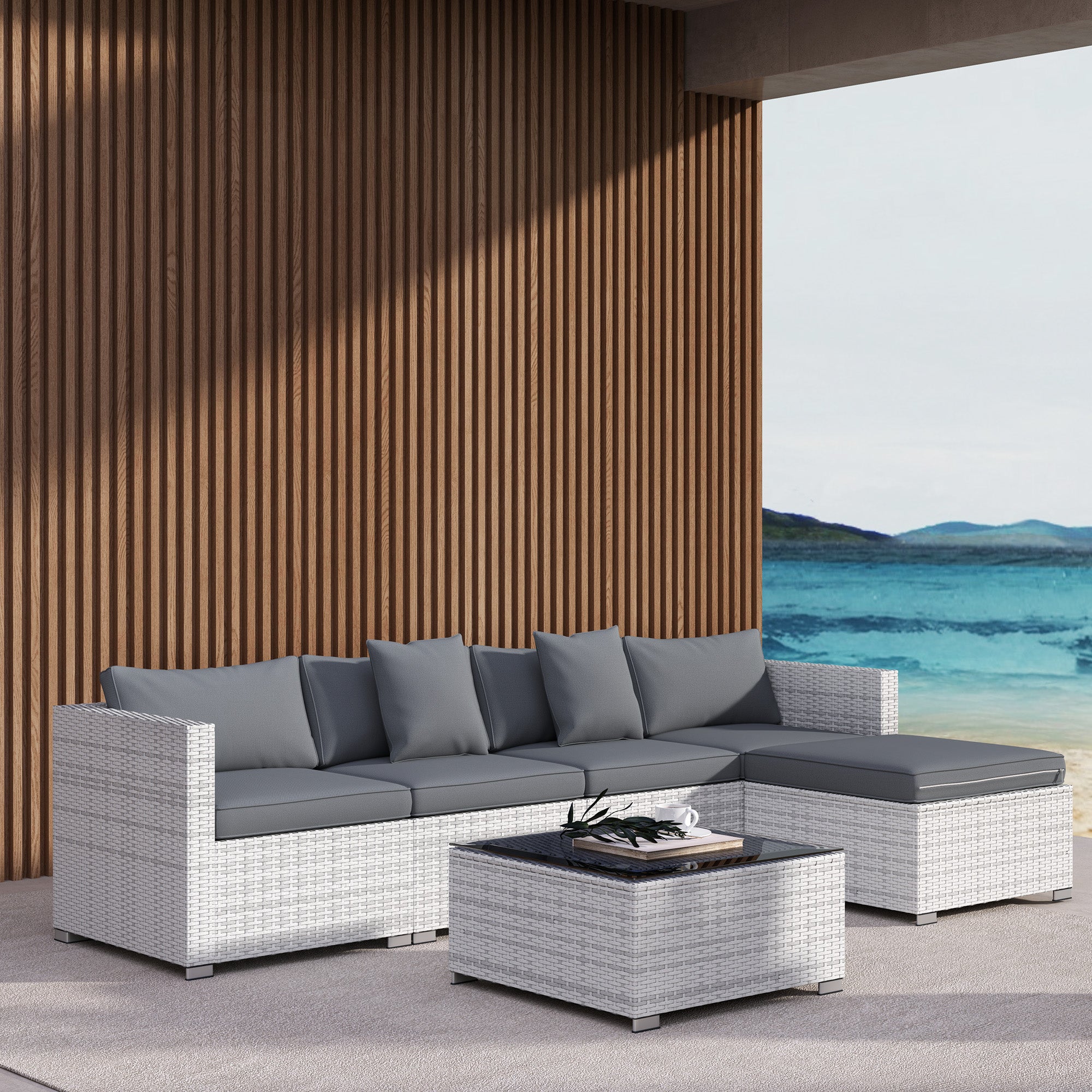 Outsunny 6 Pieces Rattan Corner Sofa Set - Mixed Grey
