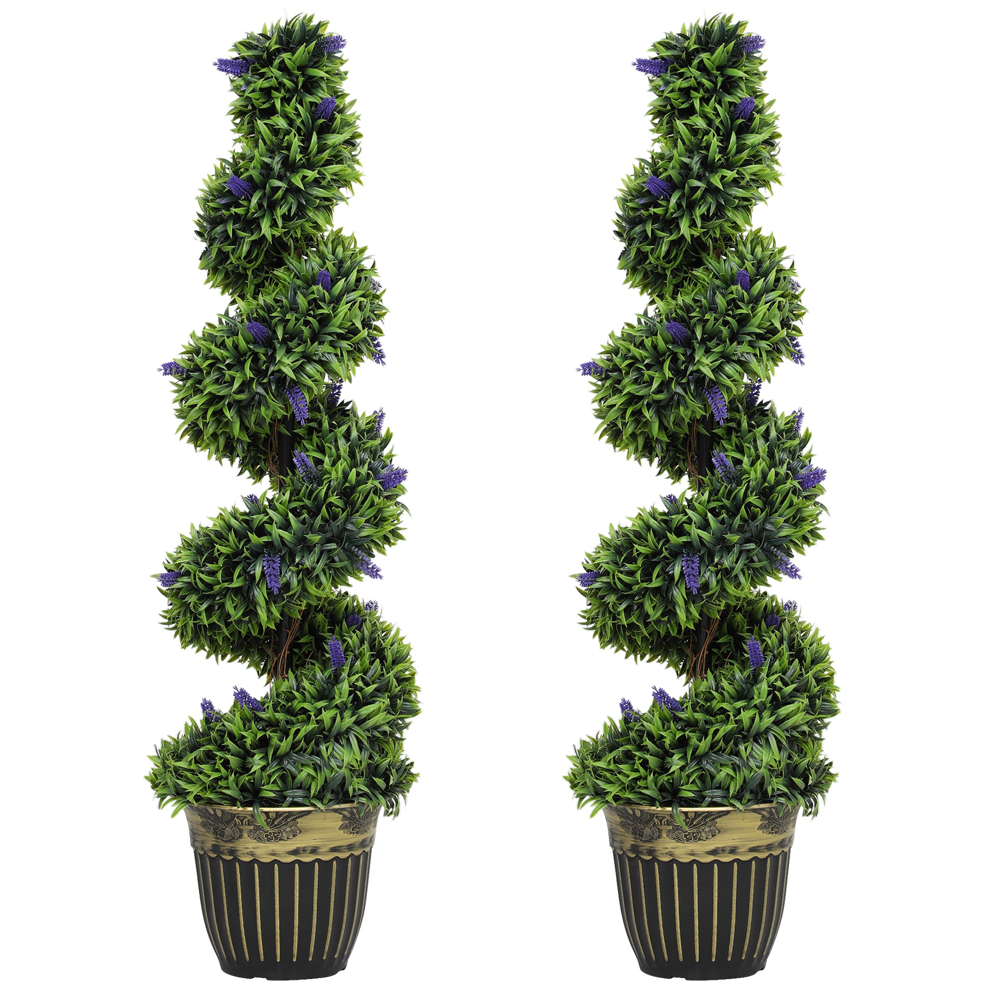 HOMCOM Set of 2 Decorative Artificial Plants, Boxwood Spiral Topiary Tree with Lavender and Pot, Fake Plants for Home Indoor Outdoor Decor, 115cm