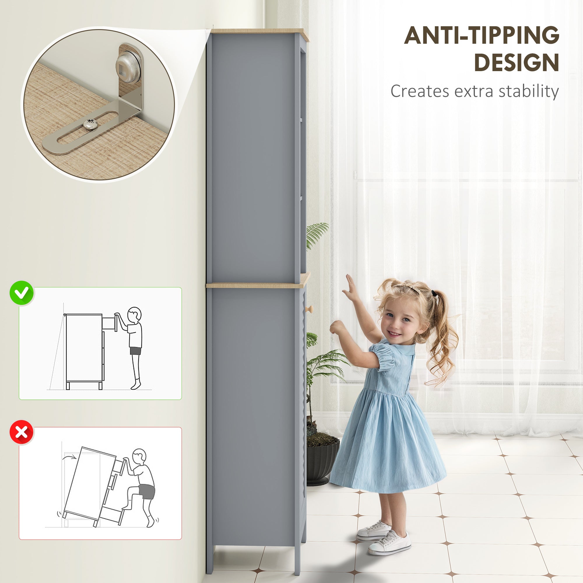 kleankin Bathroom Floor Storage Cabinet with 3 Tier Shelf and Cupboard with Door, Free Standing Linen Tower, Tall Slim Side Organizer Shelves, Grey