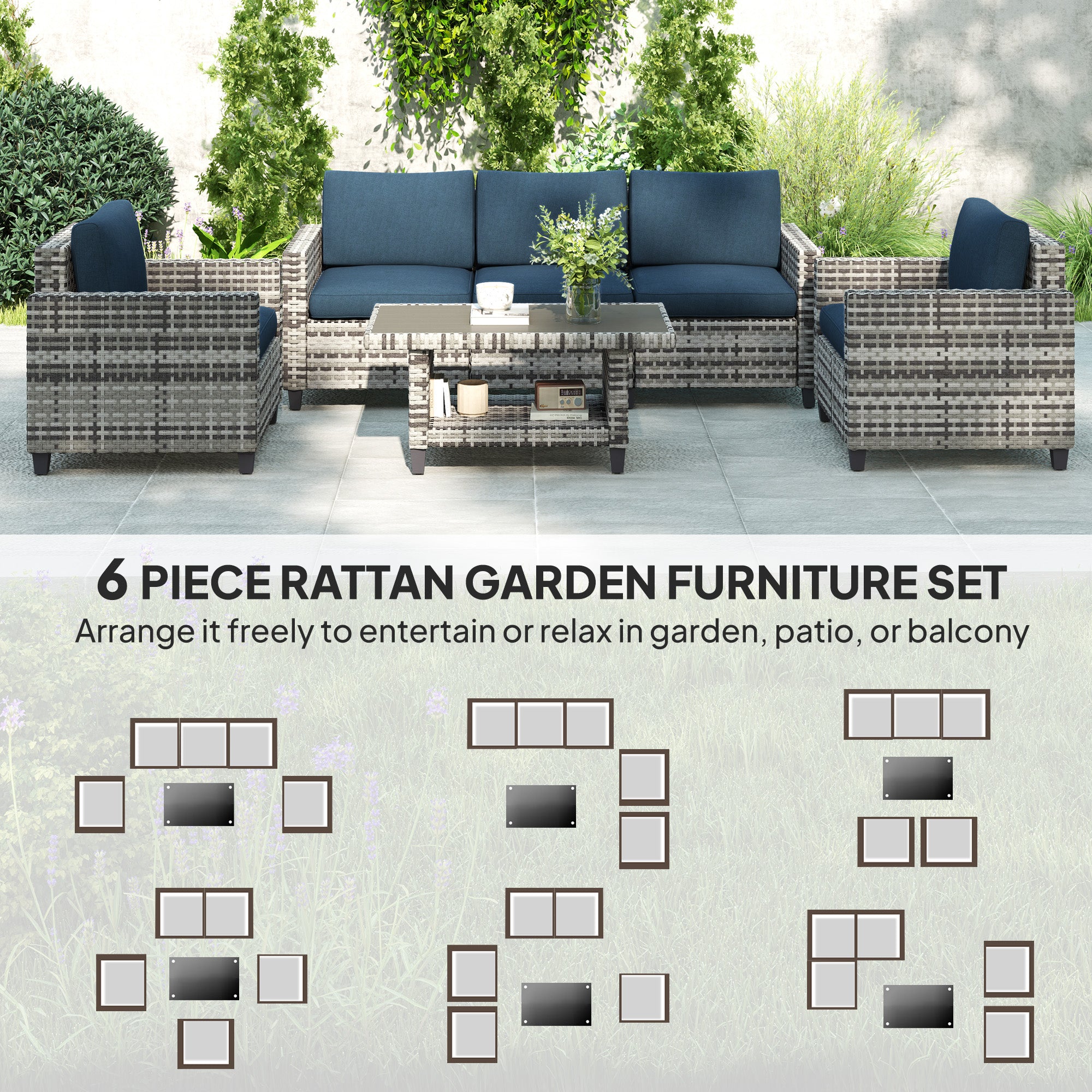 Outsunny Six-Piece Modular Rattan Sofa Set - Navy Blue