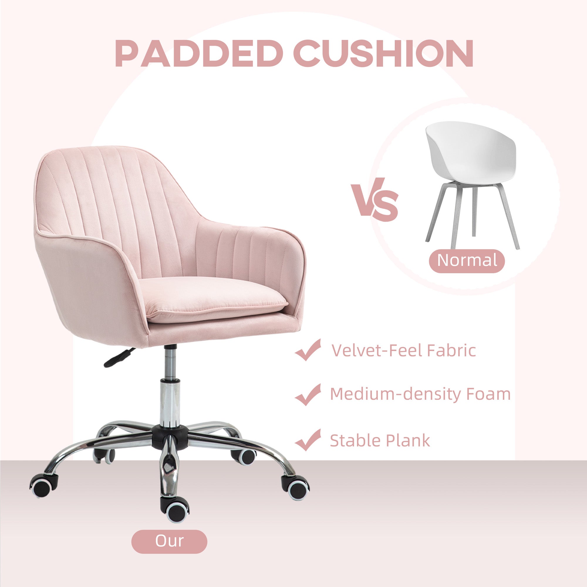 HOMCOM Velvet-Feel Tub Office Chair, with Seat Cushion - Pink