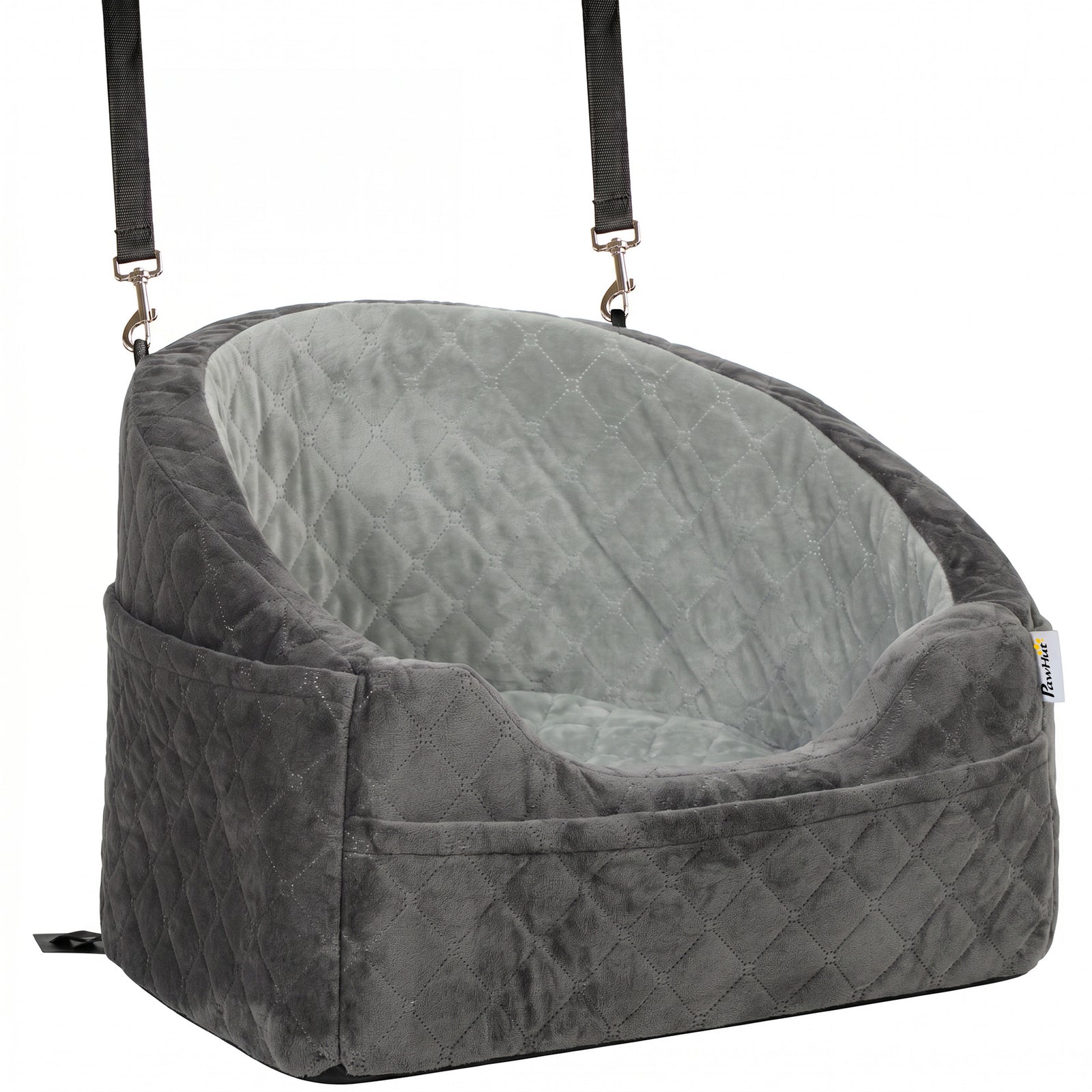 PawHut Dog Car Seat, Detachable Washable Dog Booster Seat with Thick Cushion, Seat Belt, Pockets for Small Under 10kg, Grey
